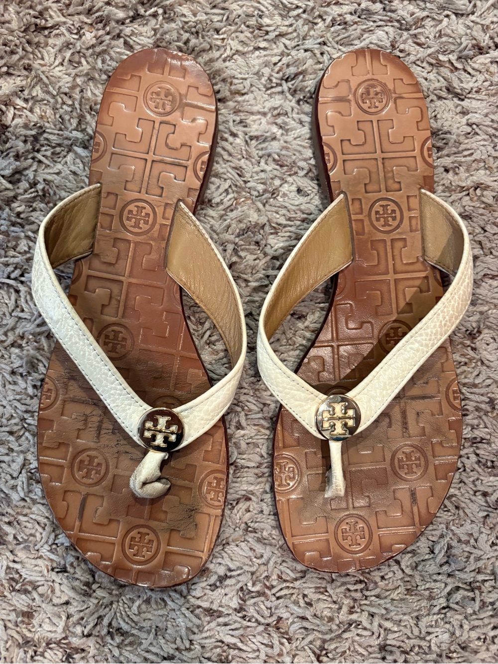 Tory Burch Thora Cream Leather Logo Thong Sandals with Gold Emblem